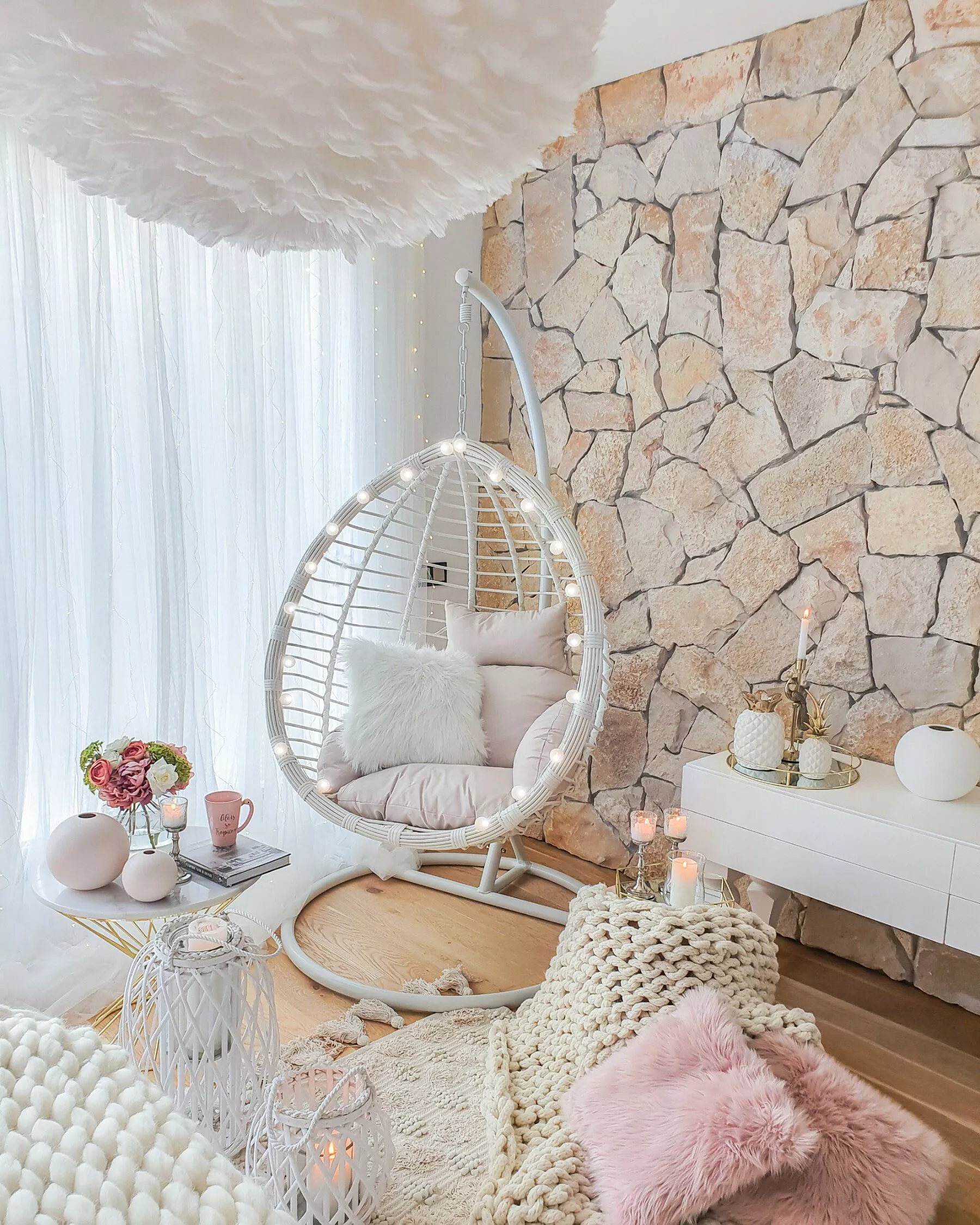 Beliani Fotel Wiszący Ze Stojakiem Z Technorattanu Biały FANO - obrazek 3