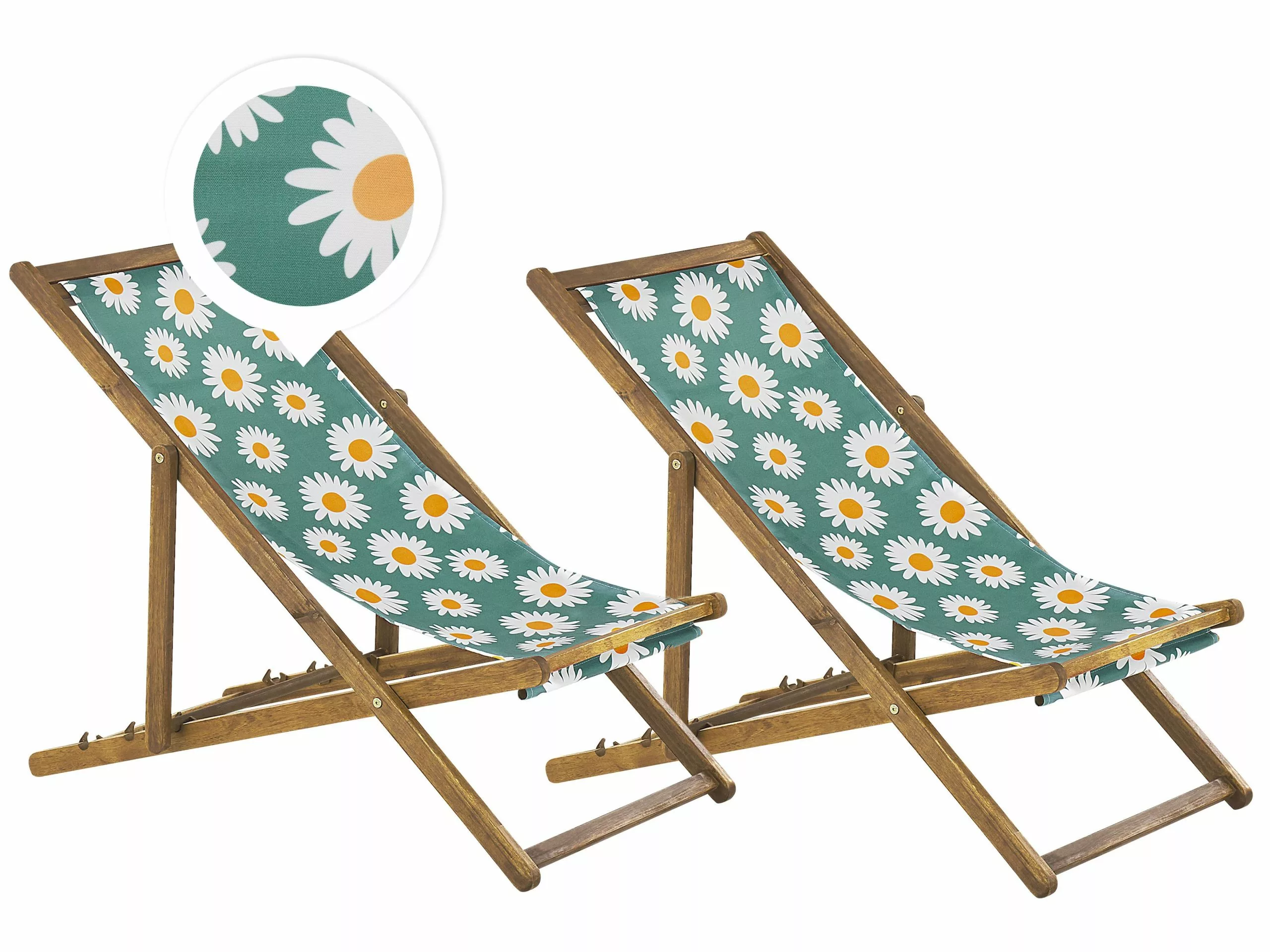 Beliani Zestaw 2 Leżaków Ogrodowych Jasne Drewno Akacjowe Wzór W Rumianek ANZIO