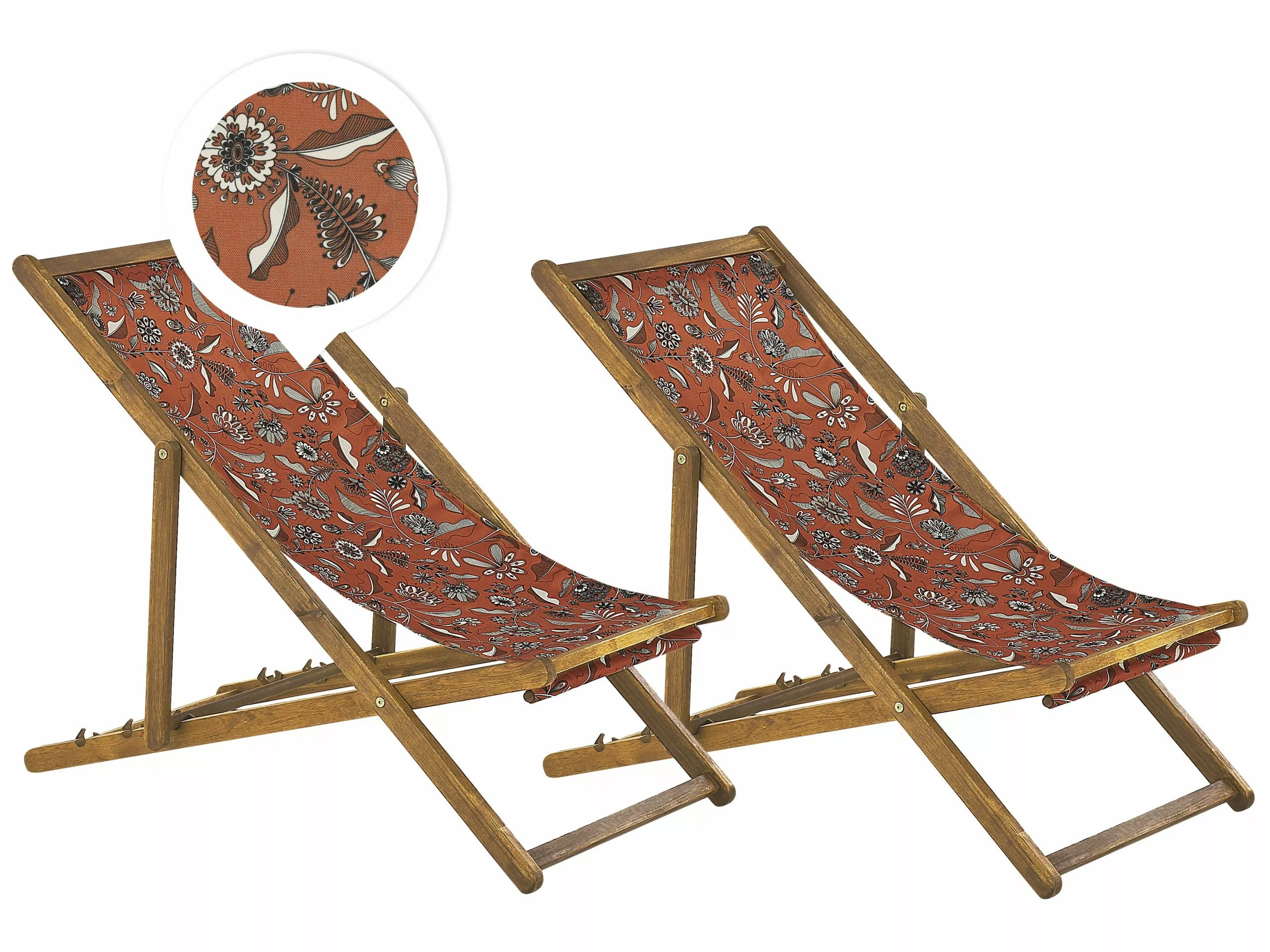 Beliani Zestaw 2 Leżaków Ogrodowych Jasne Drewno Akacjowe Wzór W Kwiaty Czerwony ANZIO