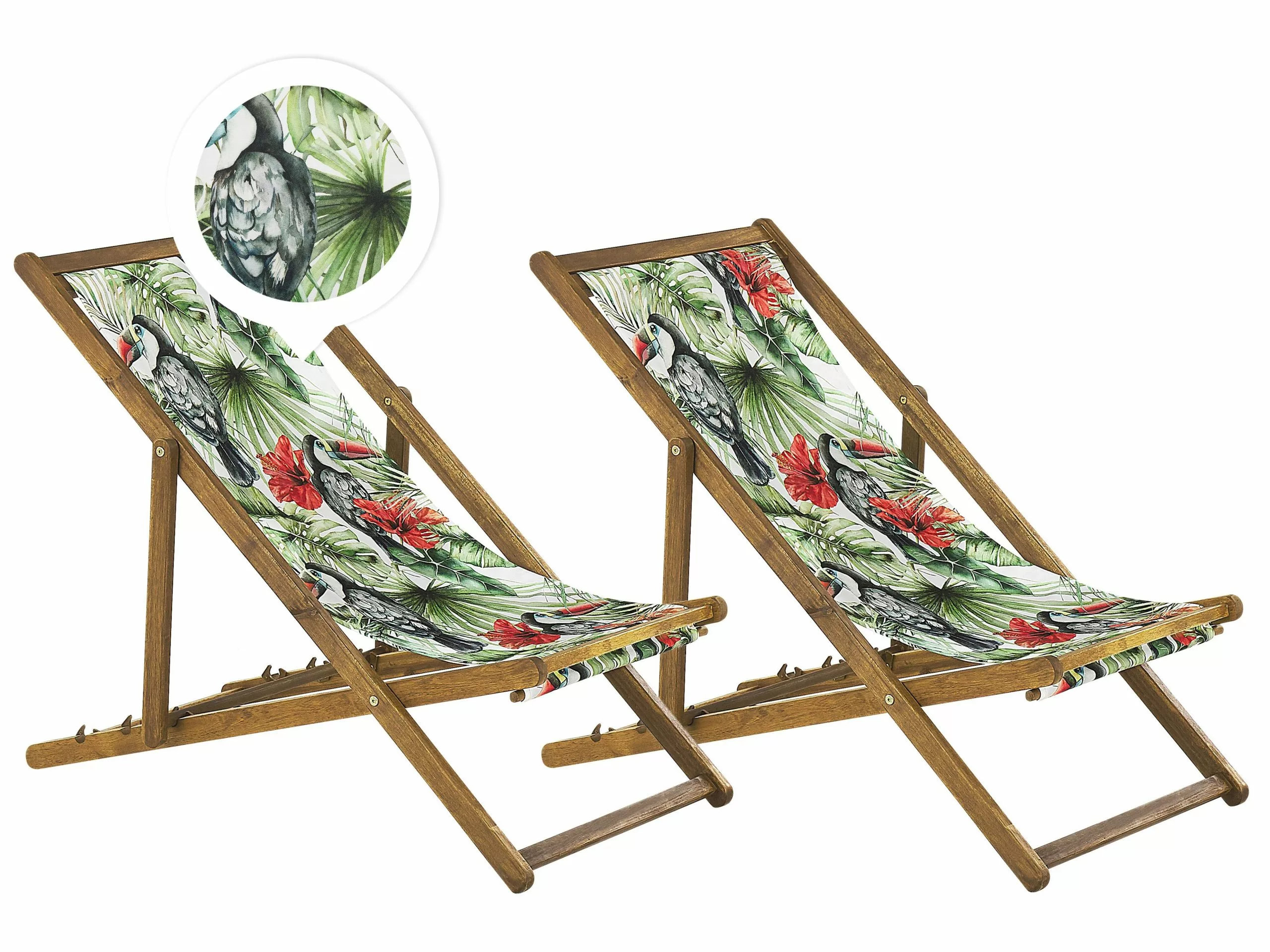 Beliani Zestaw 2 Leżaków Ogrodowych Jasne Drewno Akacjowe Wzór W Tukany ANZIO