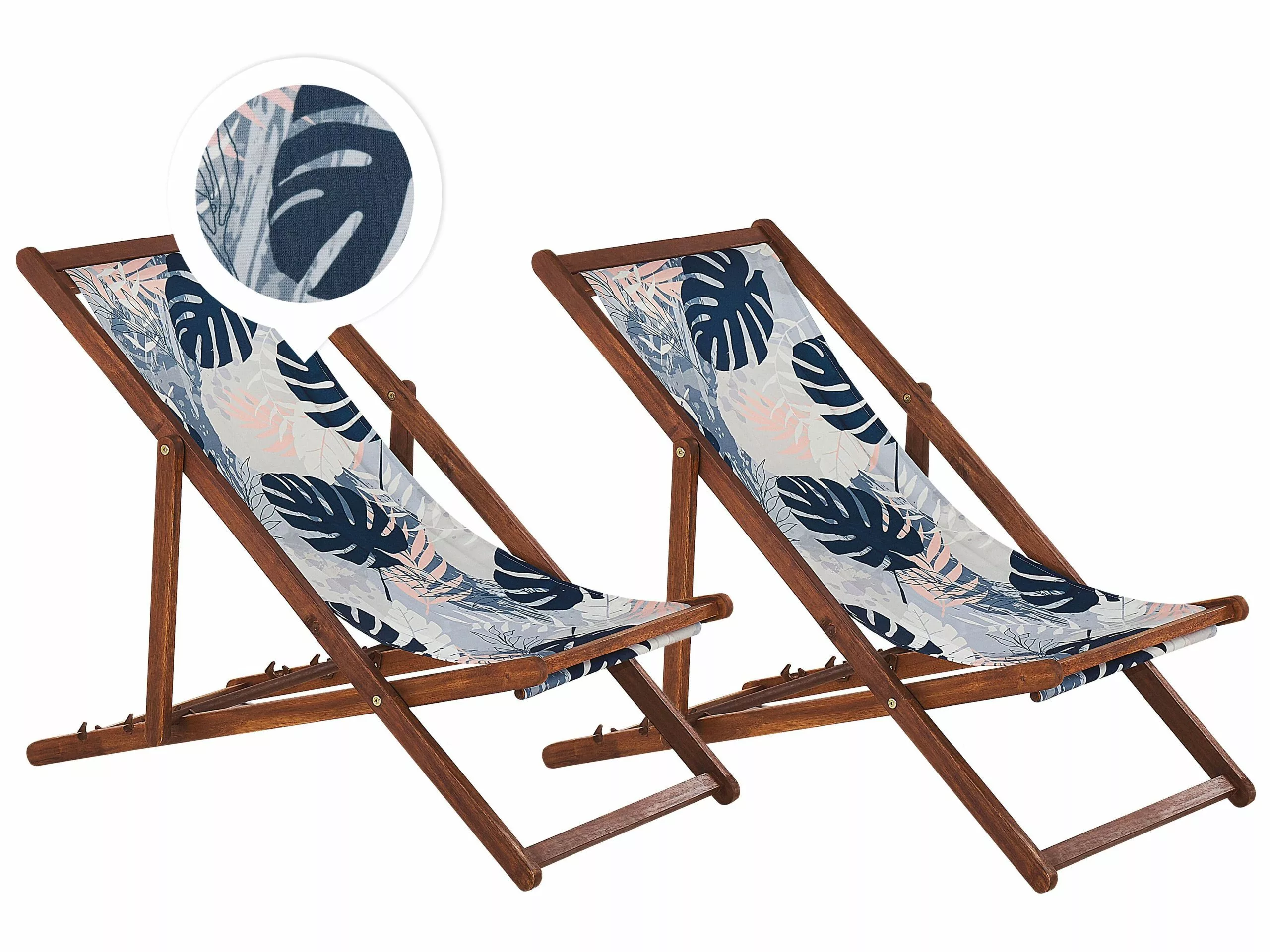 Beliani Zestaw 2 Leżaków Ogrodowych Ciemne Drewno Akacjowe Wzór W Liście Palmowe Niebieski ANZIO